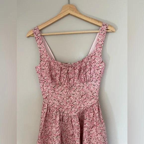 NEW Reformation Daria Linen Mini Dress Bow Rosin Pink Floral | size 0 - Picture 9 of 16